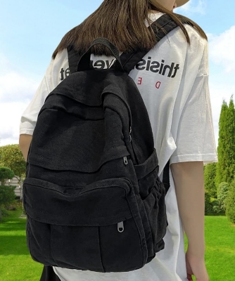 Picture of  Black Canvas Backpack for Women and Men Retro Aesthetic Rucksack Basic Backpack for High School/College Students Travel Laptop Bag