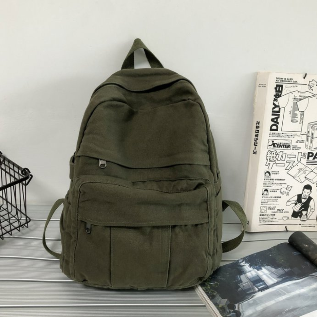 Picture of Military Green Canvas Backpack for Women and Men Retro Aesthetic Rucksack Basic Backpack for High School/College Students Travel Laptop Bag (Green)