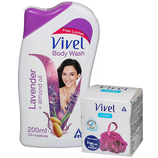 Picture of Indian product Body wash vivel Lavender + almond oil Shower gel Used for male/female - 200 ml + Free Loofah