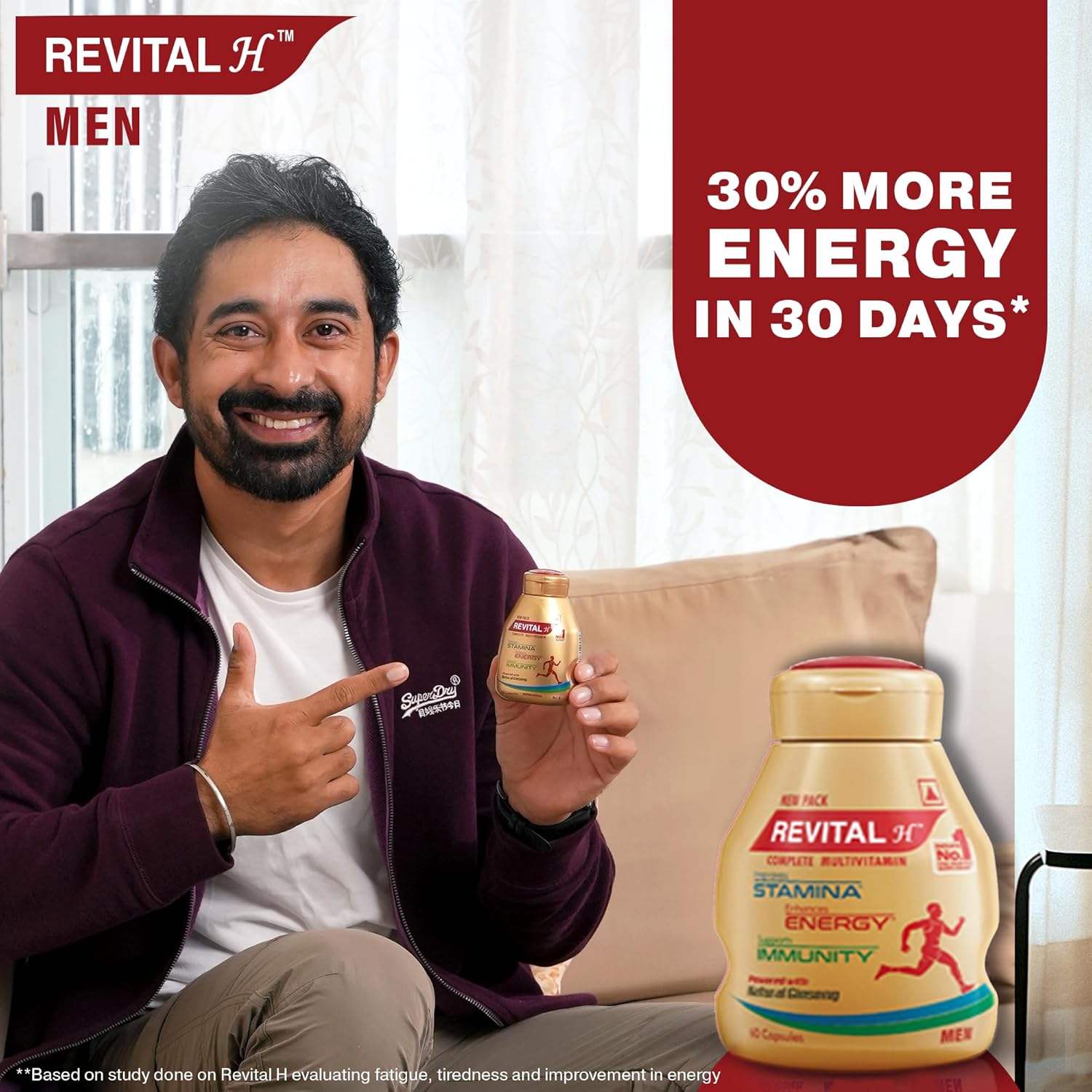 Picture of Revital H Multivitamin For Men (30 Capsules) With Natural Ginseng, Zinc, 10 Vitamins & 8 Minerals For Daily Energy, Stamina & Immunity