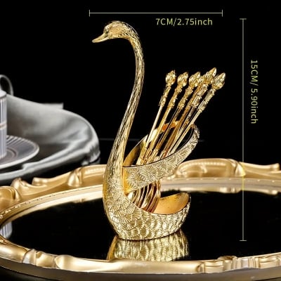 Picture of 1 set of 7pcs European-style light luxury swan spoon rest, Western restaurant tableware storage, home kitchen and restaurant table accessories, can hold spoons, forks, chopsticks
