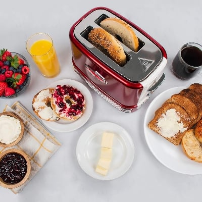 Picture of Nostalgia New and Improved Wide 2-Slice Toaster Perfect for Bread, English Muffins, Bagels, 5 Browning Levels, with Crumb Tray & Cord Storage, Retro Red