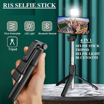 Picture of R1s Bluetooth Selfie Stick Tripod with Remote and LED Light 3 in 1 Adjustable Stand Compatible with Smartphones and GoPro Black - Black