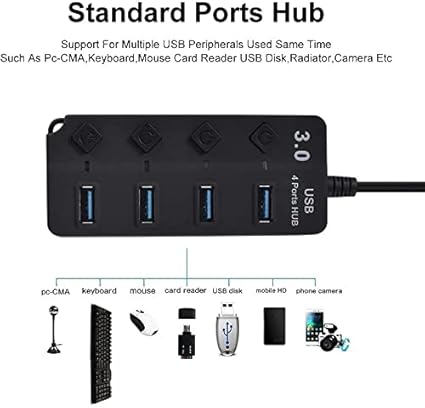 Picture of Type A 4 Ports 3.0 USB HUB Turn on/Off per Port 5 Gbps LED Indication Black 4 Port USB Hub For Computer laptop smart[hones high speed data transfer supported - Black