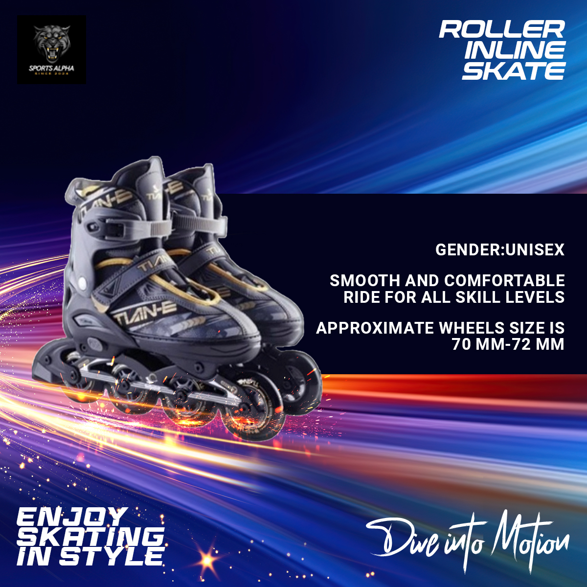 Picture of TianE Roller Inline Skate Shoes – Multicolor – 1 Pair – Stylish & Comfortable – Sports Alpha Black