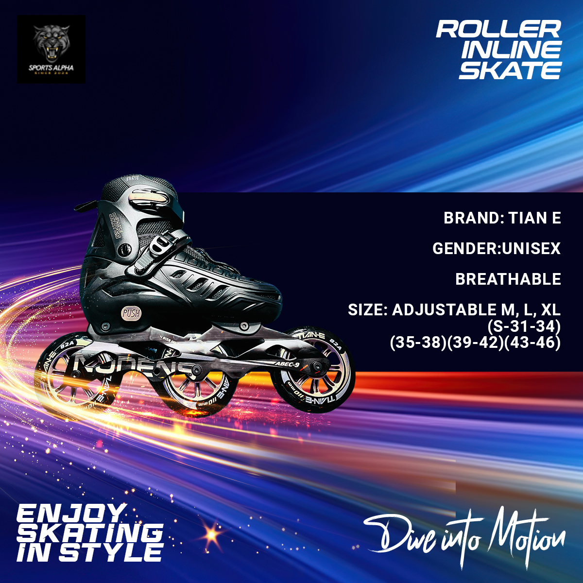 Picture of Inline Skating Shoes |  Professional |  Tian E |  3 Wheel Skate Shoes | 110mm Wheels | High Quality & Popular | Sports Alpha Black