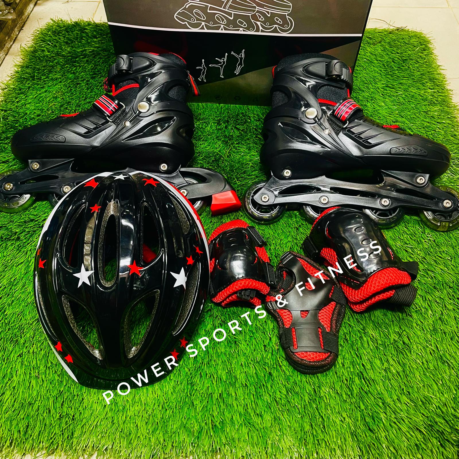 Picture of Inline Roller Skates Shoes For Kids- Black - 1 pair - Size (39-42) With Free Guard & Helmet - Sports Alpha Black