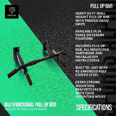 Picture of Wall Mounted Pull Up Bar - Weight Capacity 200kg - Full Body Strength Training Tool - Fitness Equipment for Home Gym - Sports Alpha Black