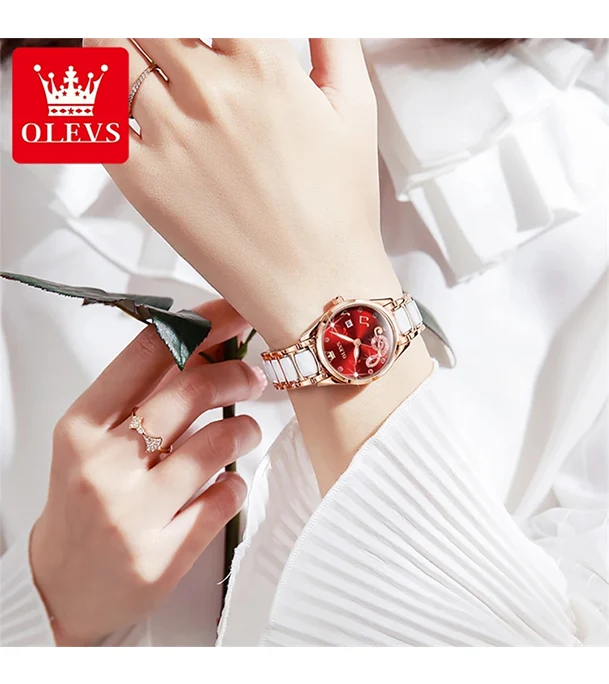 Buy Olevs 3605 Luxury Rhinestone Ceramics Strap Quartz Watch at Best Price In Bangladesh
