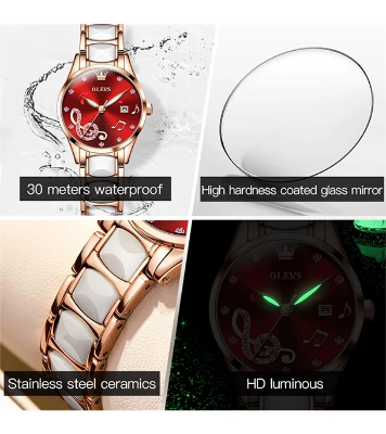 Buy Olevs 3605 Luxury Rhinestone Ceramics Strap Quartz Watch at Best Price In Bangladesh