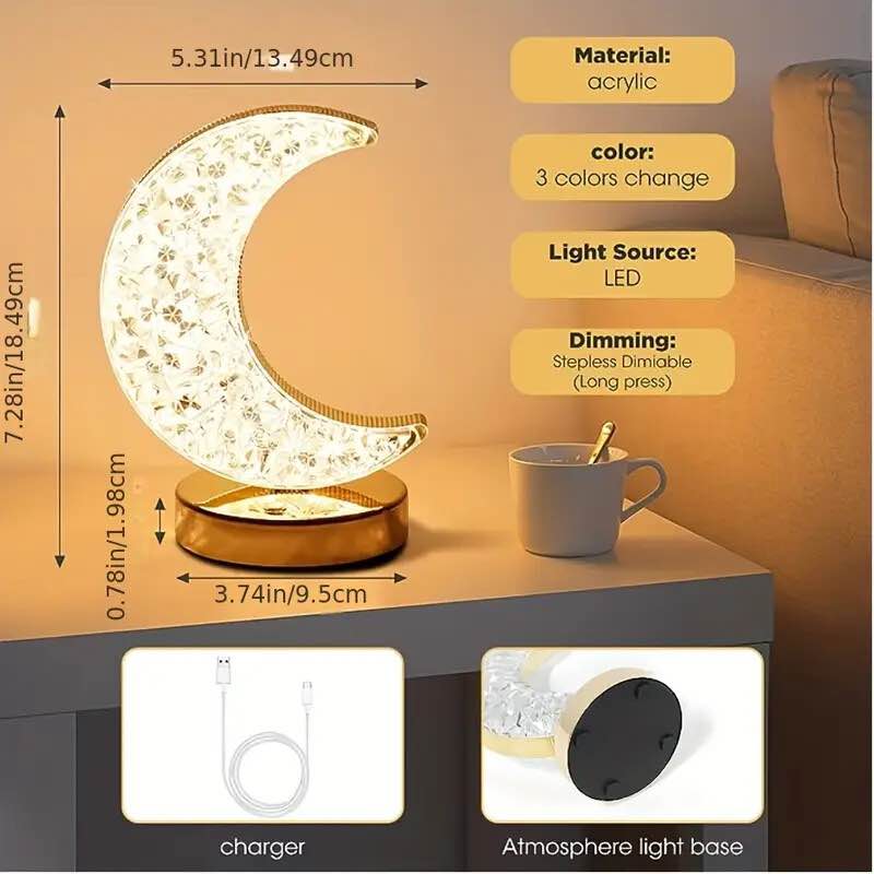 Picture of Moon Shaped LED Crystal Table Lamp – USB Rechargeable Touch Control Night Light with 3 Brightness Levels & 12-Hour Battery Backup