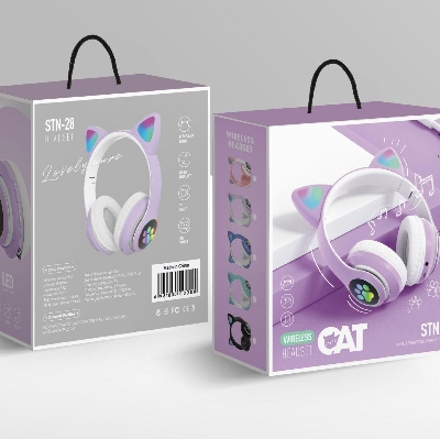 Picture of Cat Ear Wireless Bluetooth Headphones STN-28 - RGB LED - Foldable Gaming Headset with Mic & TF Card Support for PC, Laptop, Computer &Mobile Phone