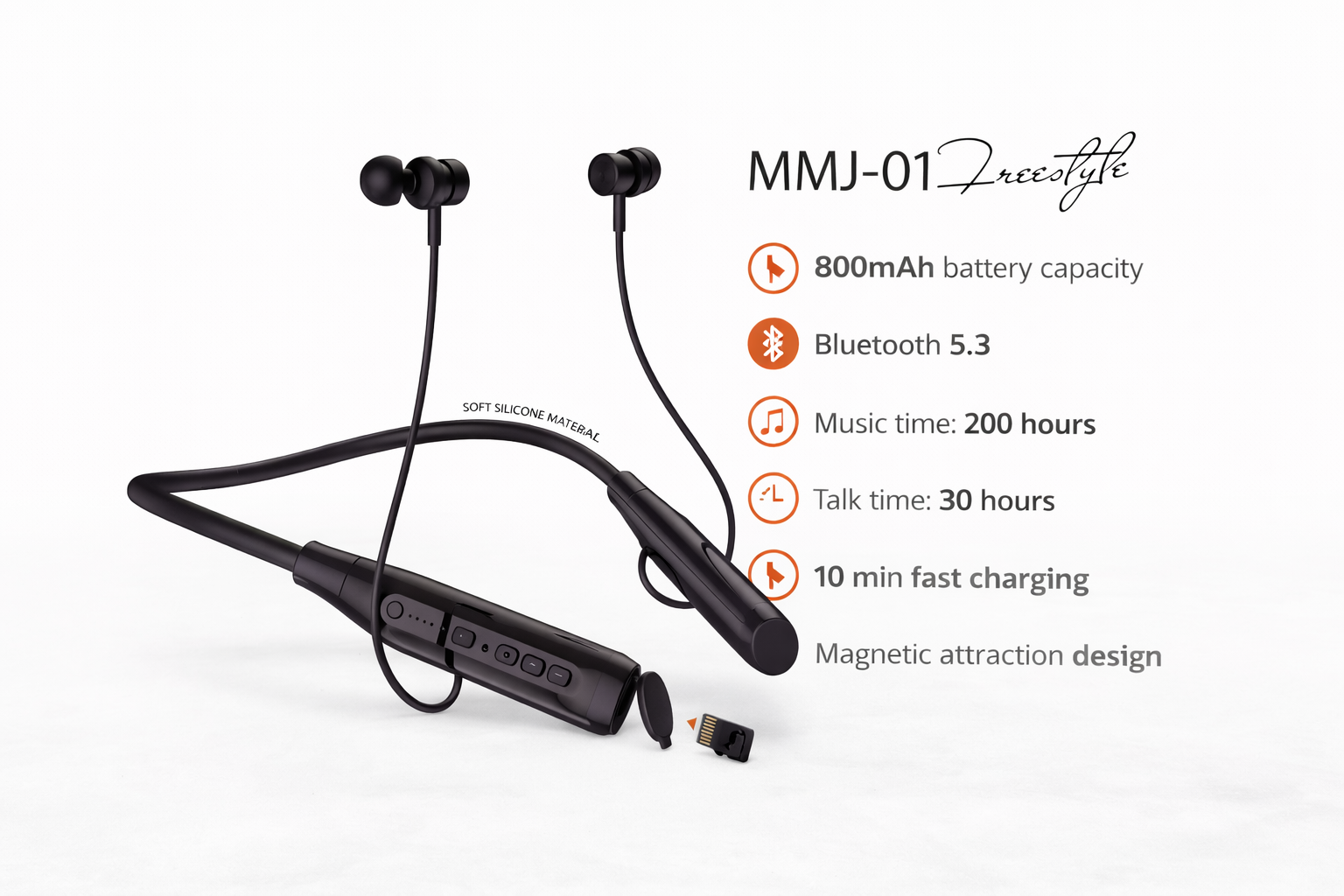 Picture of Hoco MMJ-01 Wireless Bluetooth Neckband Earphone | 200 Hours Playback | Magnetic Earbuds | TF Card Support | Deep Bass Black