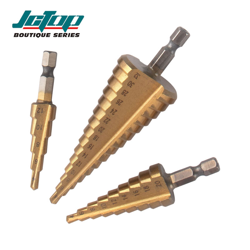Picture of JCTOP 3-Piece Set of Hexagonal Shank Straight Flute Metric Titanium-Coated Step Drill Bits-EE1739 (Gold)