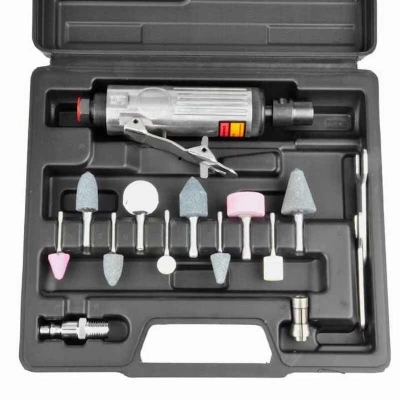 Picture of HR Pneumatic Mini Die Grinder Kit 17 Piece with 10 Piece Mounted Point in Blow Molded Carry case Grinder Set|Tarboya Tools (Grey)