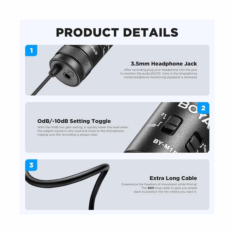Picture of BOYA BY-M1 Pro II Universal Lavalier Microphone- No Need Batteries