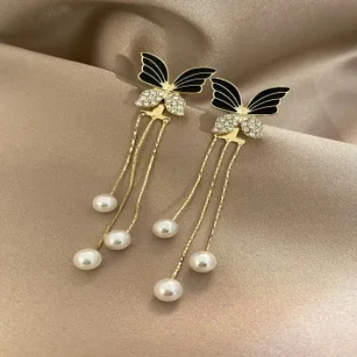 Picture of Cubic Zirconia Decor Butterfly & Faux Pearl Drop Earrings