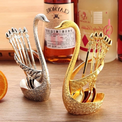 Picture of Spoon Set With Swan Stand - Golden
