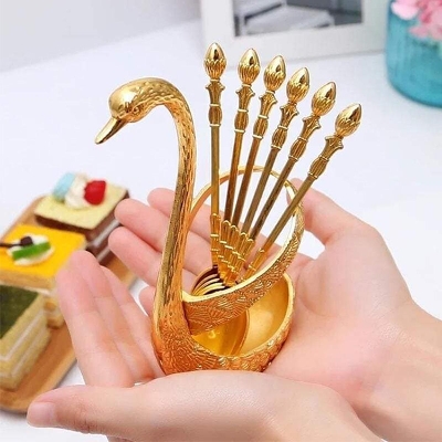 Picture of Spoon Set With Swan Stand - Golden