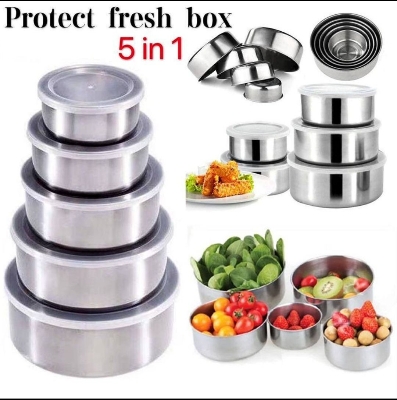 Picture of Stainless Steel 5 Pcs  Bowl Set with Clear Plastic Lids Silver