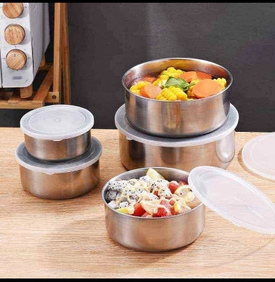 Picture of Stainless Steel 5 Pcs  Bowl Set with Clear Plastic Lids Silver