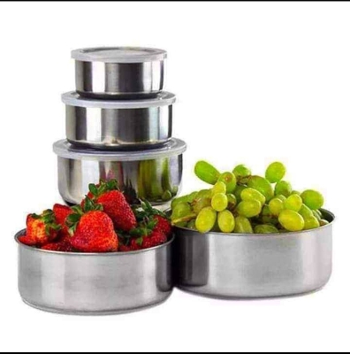 Picture of Stainless Steel 5 Pcs  Bowl Set with Clear Plastic Lids Silver