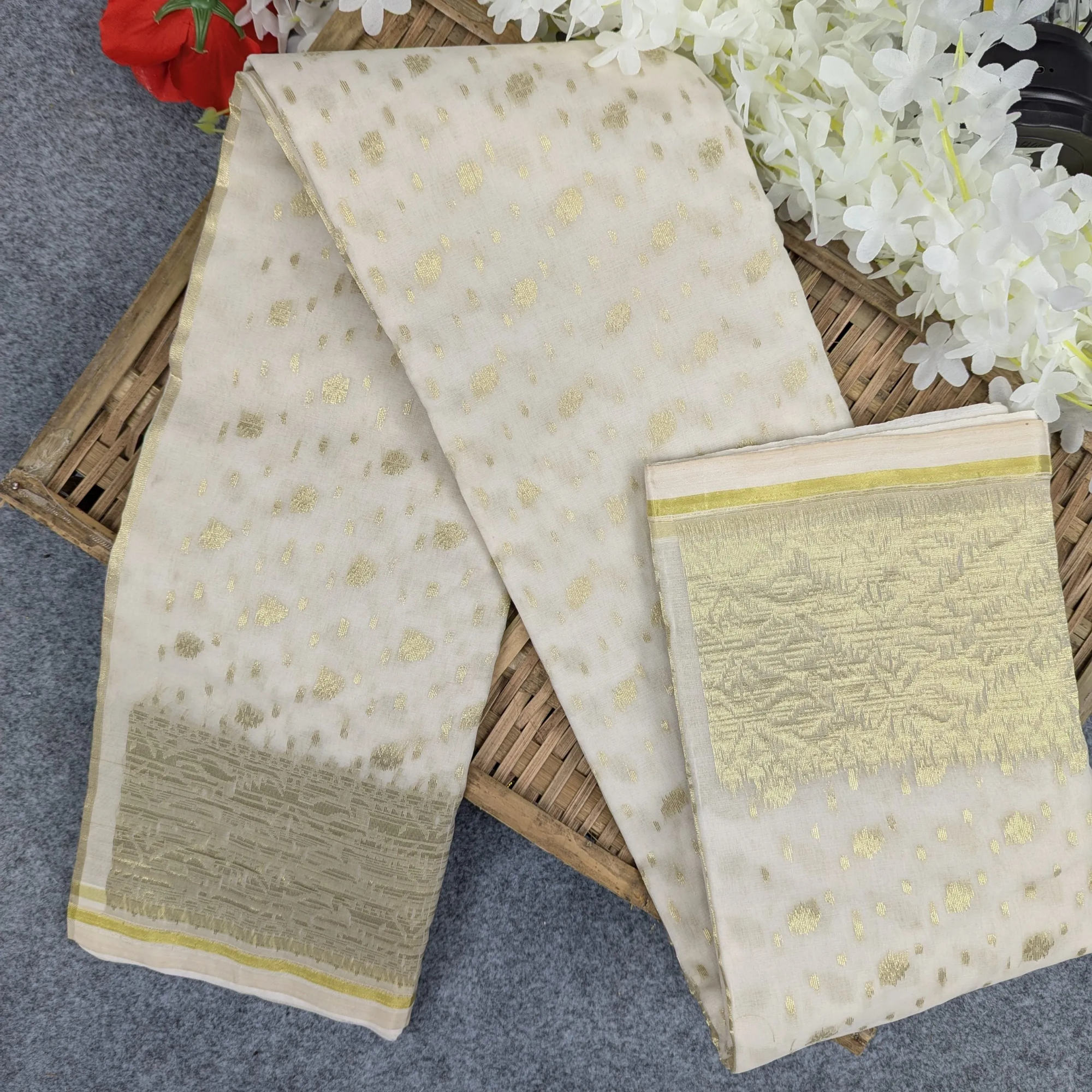 Picture of Premium Half Silk Jamdani Saree Combo Set - OFF-White
