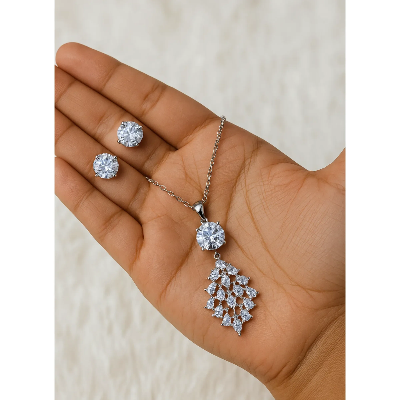 Picture of Necklace With Matching Radiant Crystal Stud Earrings.