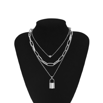 Picture of Multi Layer Lover Lock Pendant Choker Necklace Steampunk Padlock Heart Chain Necklace(Gold)