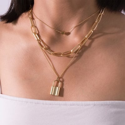 Picture of Multi Layer Lover Lock Pendant Choker Necklace Steampunk Padlock Heart Chain Necklace(Gold)