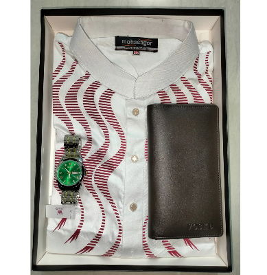 Picture of Cotton Printed Punjabi + Premium Watch + Leather Wallet Combo Pack