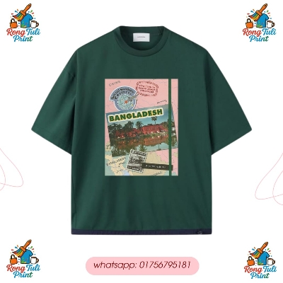 Picture of Bangladesh Graphic Drop Shoulder T-Shirt – Unisex Casual Bangladesh Map & Landmark Print T-Shirt – Loose Fit Emerald Green