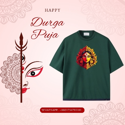 Picture of Custom Print Durga Puja T-shirt | Best Cotton Pujor T-shirt Bangladesh Emerald Green