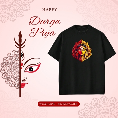 Picture of Durga Puja T-shirt for Men & Women | Pujor Fashion Graphic Tee Online Black