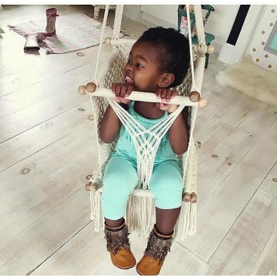 Picture of Baby Hammock chair with swinging rope Hand made baby hanging cradle swing seat kids room decor - Off White
