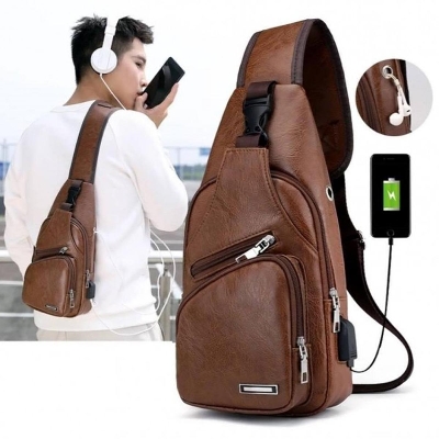 Picture of Large Leather Sling Bag USB Charging Port Crossbody Shoulder Bag Travel Chest Bag Unisex Fashion Backpack - Brown