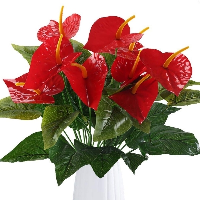 Picture of Red Flamingo Flower Artificial Fake Outdoor Plant Bushes Silk Floral Arrangements Home Kitchen Bedroom Decor