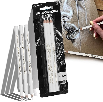 Picture of 3 PCS White Charcoal Pencils, Highlight Sketch White Pencil charcoal for Artists White Charcoal Sketch Pencils White Sketch Pencils Set, White Drawing Pencils for Artists Beginner Student Designer - White