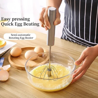 Picture of Automatic Egg Whisk Beater - Stainless Steel Wire Whisk Hand Push Blender Mixer - Silver