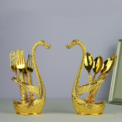 Picture of Swan Dinnerware European Style Gold Finish Metal Cake /Coffee Spoon Fork Set Tableware For Home Table Decor - Gold