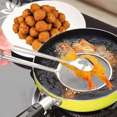 Picture of Filter Spoon Strainer With Clip 2 in 1 Fry Tool Oil Frying spoon Stainless Steel Clamp Strainer Filter Spoon With Clip Food - Silver
