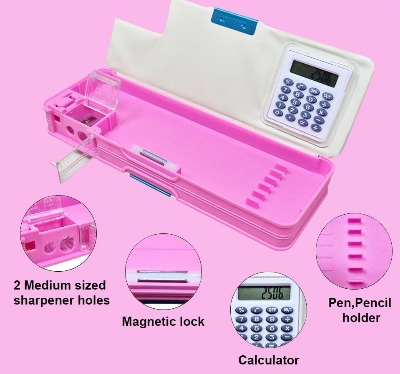 Picture of Calculator Pencil Box Geometry Stationary Box Dual Sharpener Double Sided Art Pencil Box (Multicolor Design) -Pencil Bag - Multicolor