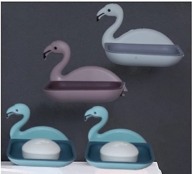 Picture of Flamingo Shape Soap Dish Holder Soap Dish Sponge Holder with Adhesive for Bathroom Shower Kitchen Wall Mounted No Drilling Soap rack - Multicolor