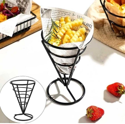 Picture of French Fries Holder Fry Foods Cones Stand Fry Chips Basket Holder Snack Serving Holder for French Fries Ice Cream Popcorn Fried Chicken - Black