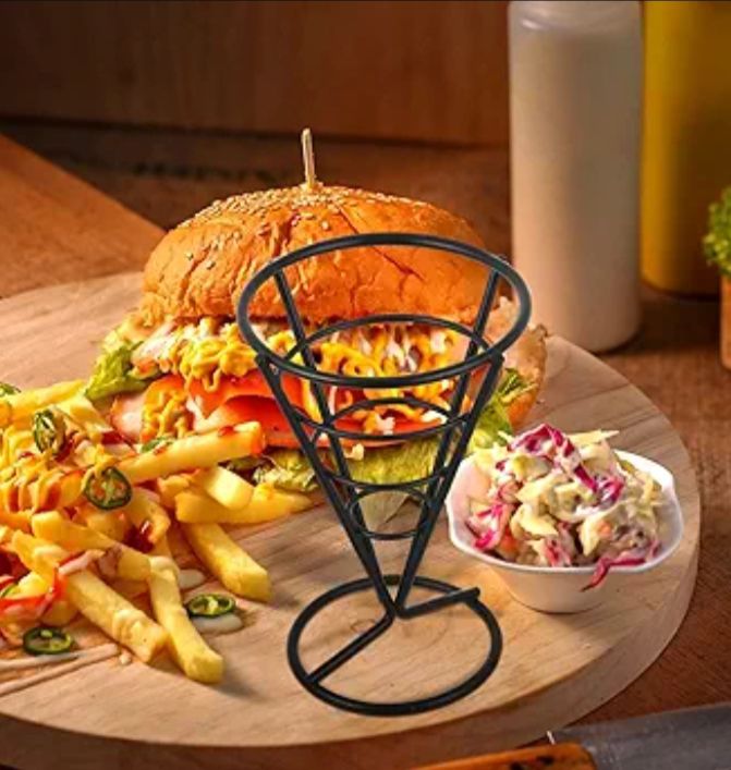 Picture of French Fries Holder Fry Foods Cones Stand Fry Chips Basket Holder Snack Serving Holder for French Fries Ice Cream Popcorn Fried Chicken - Black