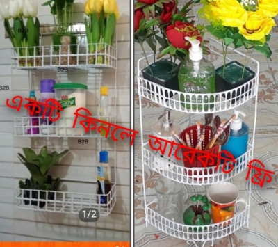 Picture of 3Tier Metal Storage Shelf - Set of 2 Hanging Corner Racks Wall Mounted for Kitchen and Bathroom Organization - White