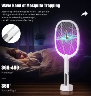 Picture of Rechargeable Wireless Handheld Electric Shock Mosquito Killer/Fly Swatter Racket Bat/Electric Insect Killer with 3-Layer Mesh UV Light Lamp USB Charging Base for Indoor Outdoor - Multicolor