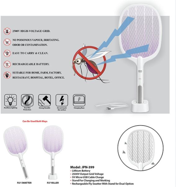 Picture of Rechargeable Wireless Handheld Electric Shock Mosquito Killer/Fly Swatter Racket Bat/Electric Insect Killer with 3-Layer Mesh UV Light Lamp USB Charging Base for Indoor Outdoor - Multicolor