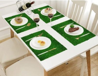 Picture of Green Grass Table Mat Placemats 4 Pcs  Artificial Grass Anti Heat Insulation Pad for Coffee Table Dining Table Hot Pot Holders Dining Table Accessories for Home Office - Green