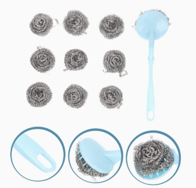 Picture of 10 Stainless Steel Scrubbers with Handle Cleaning Brush Dish /Sink Brushes Kitchen Cleaning Tool Steel |China Scrubber| Multicolour - Multicolor